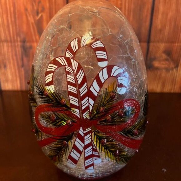 Cheerfull LED Light Up Holiday Decor Candy Cane & Pinecone Crackle Glass Egg - Picture 3 of 6